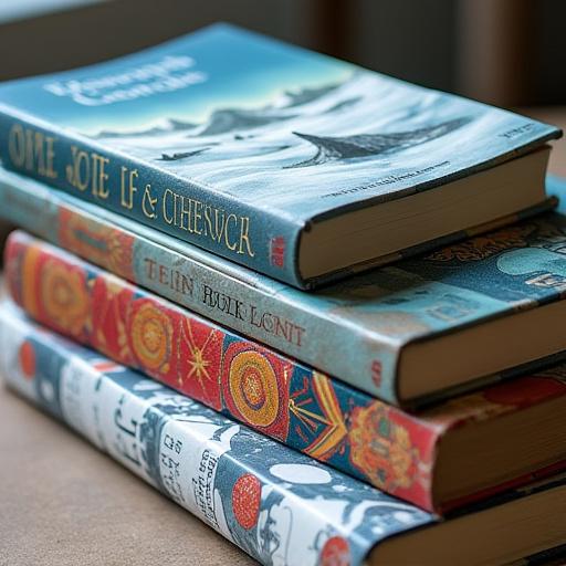 A stack of books featuring cover art with northern themes, including a snowy landscape and indigenous art patterns.