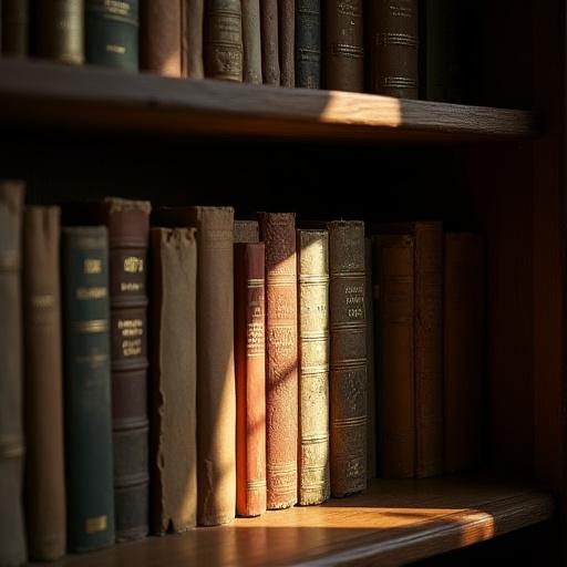 A cozy bookshelf filled with a variety of well-read used books, spines showing character and history.